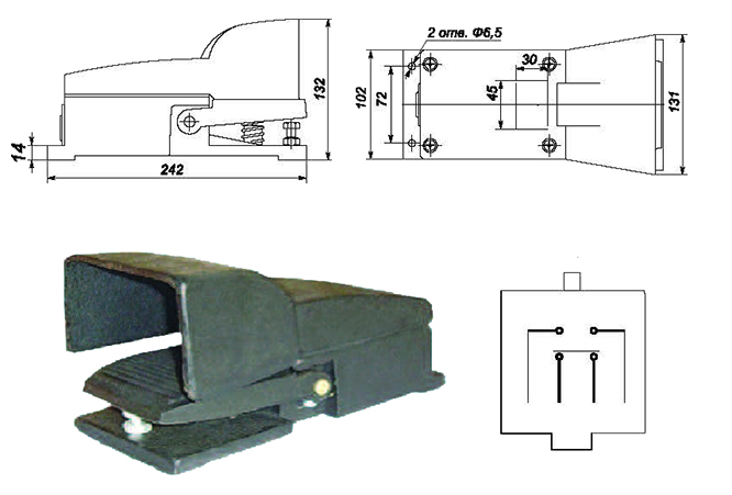 Установочные и присоединительные размеры переключателя ПН 741 Т-2-54 УЗ