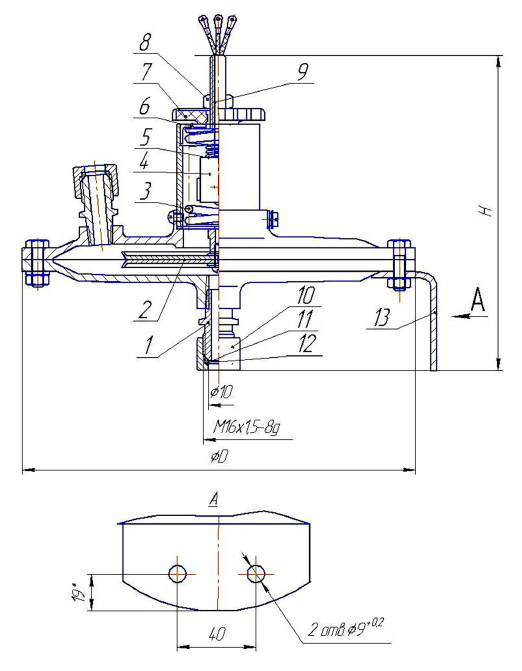 Конструкция и размеры датчика-реле напора и тяги ДНТ-1