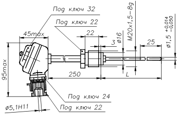 Габаритный чертеж преобразователей термоэлектрических ТХА-1690В, ТХК-1690В